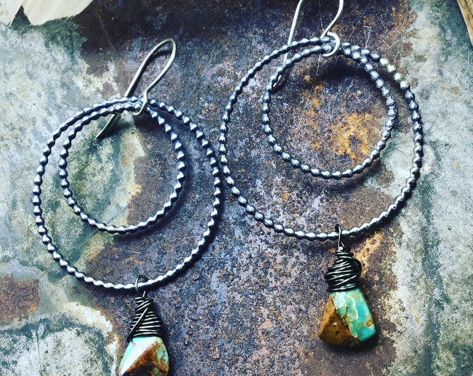 Double trouble sterling ball hoops with turquoise drops by Weathered Soul