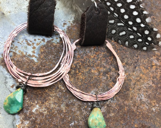 Fun and funky leather and copper hammered hoops with a wire wrapped turquoise drop earrings by Weathered Soul, dainty hoops, USA