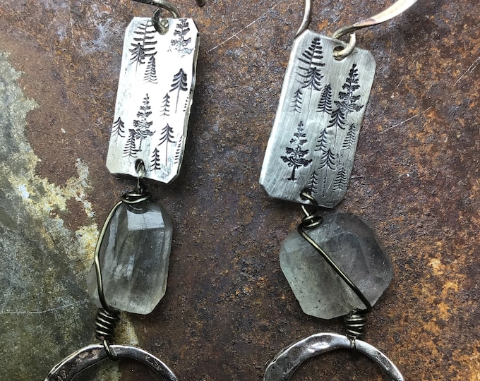 A tiny forest gathering hoop earrings with labradorite and tiny trees embossed on sterling silver, artisan crafted