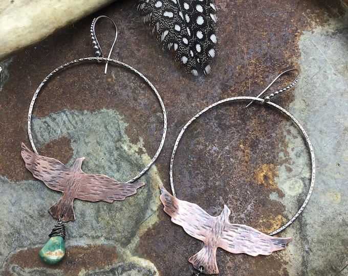 Flying free bird sterling very large 2” diameter hoop earrings by Weathered Soul with wire wrapped turquoise teardrop stones