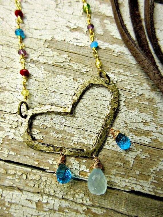 Weathered Soul necklace with bronze heart and semi-precious stones, leather, urban, cowgirl, USA artisan crafted, rosary style chain