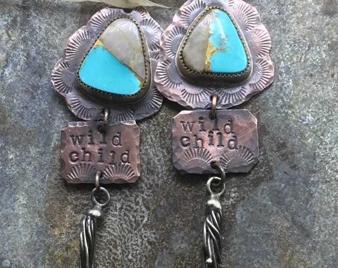 Wild child turquoise and copper earrings with twisted sterling dangles by Weathered Soul artisan jewelry, high wage stern fashion,cowgirl