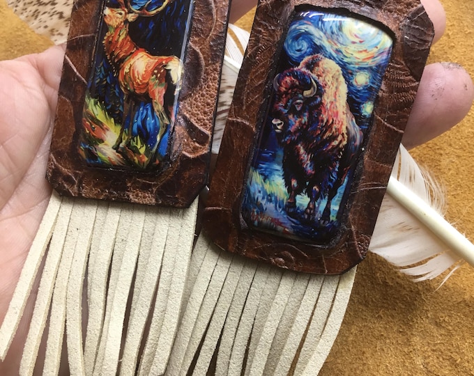 Huge statement Elk and Buffalo leather earrings by Weathered Soul artisan jewelry,fairly light for large size,wildlife lover