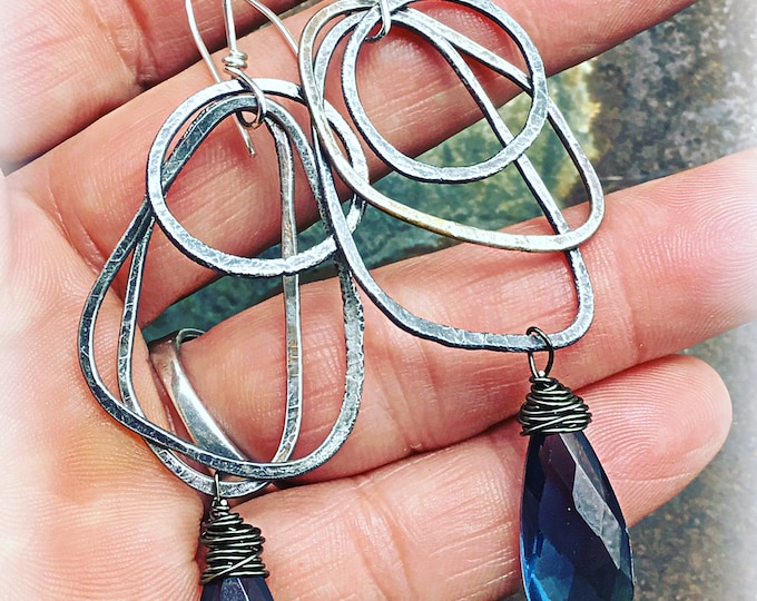 Hoops and hoops earrings by Weathered Soul, denim quartz and hammered rustic sterling abstract shapes dangle by handmade ear wires, USA art