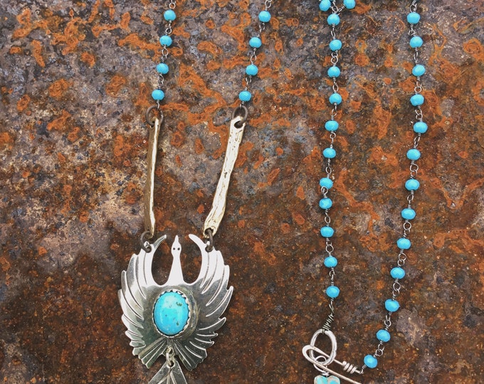 Native American water bird vintage upcycled piece by Weathered Soul with turquoise and rosary style wire wrapped chain,bronze hammered bars