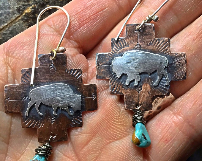Buffalo fringe earrings by Weathered Soul, artisan turquoise wild and free , bison lover,outdoor enthusiast, roaming the range