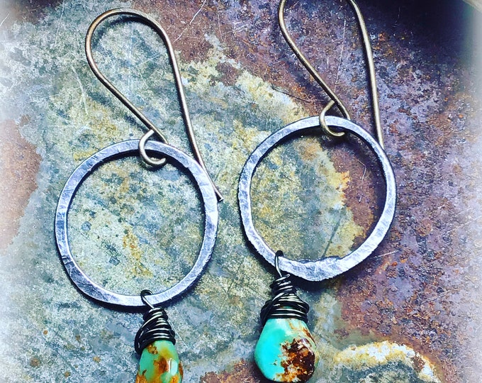 Small rustic hoops with genuine turquoise teardrops, sterling hammered round or a little abstract your choice,approximately one inch hoop