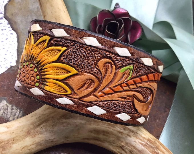 Hand tooled and painted you are my sunshine cuff bracelet with vintage buffalo nickel snap closure .