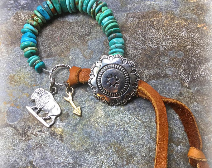 Genuine turquoise and leather bracelet Sweet and simple through the earlobe little bronze and sterling hoops by Weathered Soul