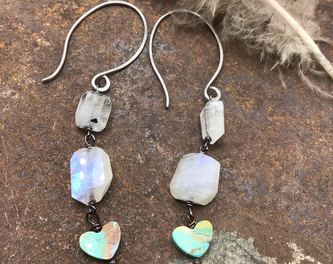 Moonstone dangles  with little turquoise hearts