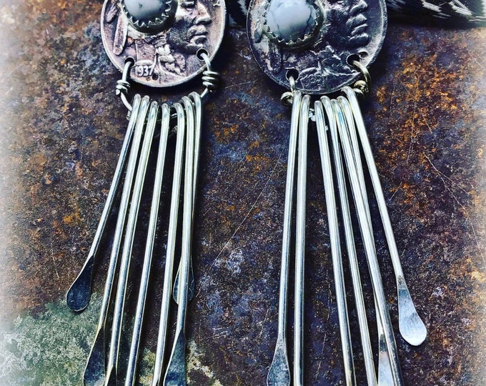 Vintage buffalo nickel earrings with white buffalo turquoise, long sterling silver fringe, western fashion