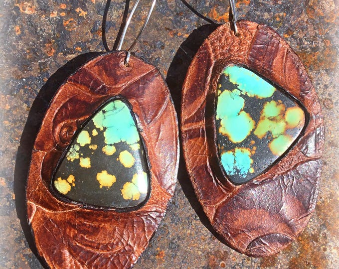 Boho western leather and turquoise earrings by Weathered Soul, western style,stunning lightweight flashy earrings Hubei turquoise