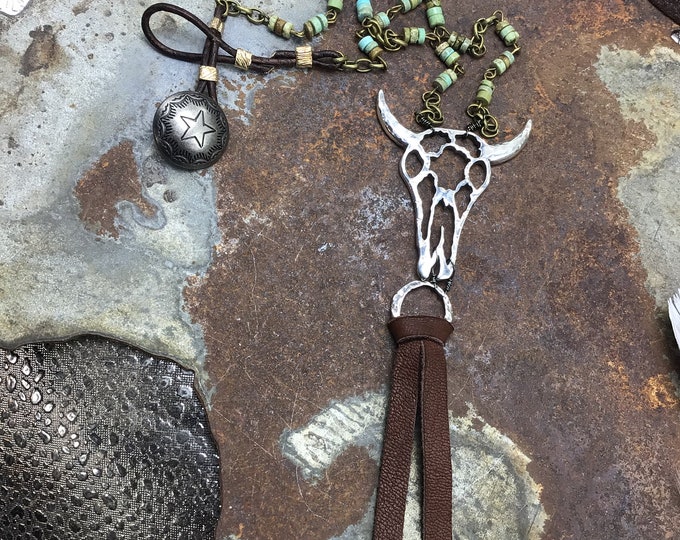 Large sterling steer skull with rosary turquoise and star western button and leather closure, long tassel in leather