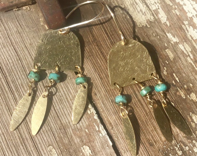 Summertime fringe earrings by Weathered Soul,bronze and turquoise hand hammered,light as a feather,artisan crafted,urban chic,boho,classic