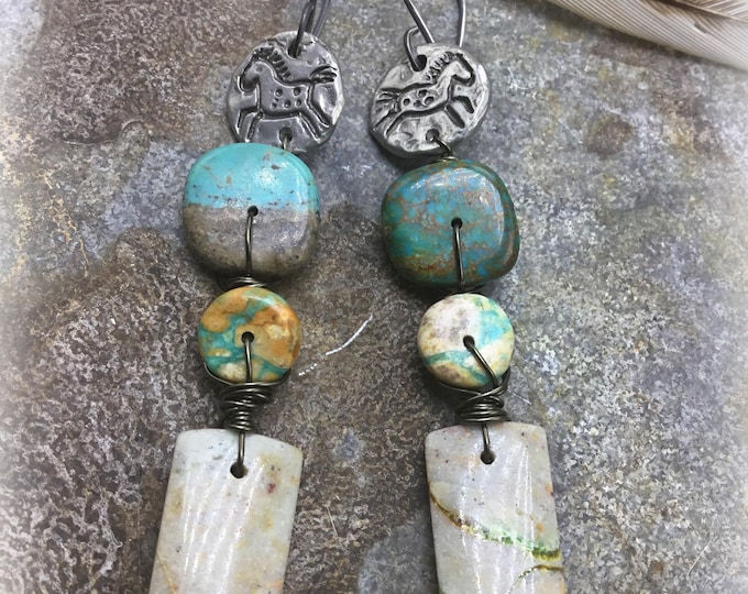 Three fun layers of turquoise stones sitting under sweet little primitive pony leaping for joy with sterling ear wires