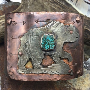 Grizzly bear walking distressed leather and turquoise cuff with real Indian head nickel snap closure by Weathered Soul jewelry,artisan,OOAK