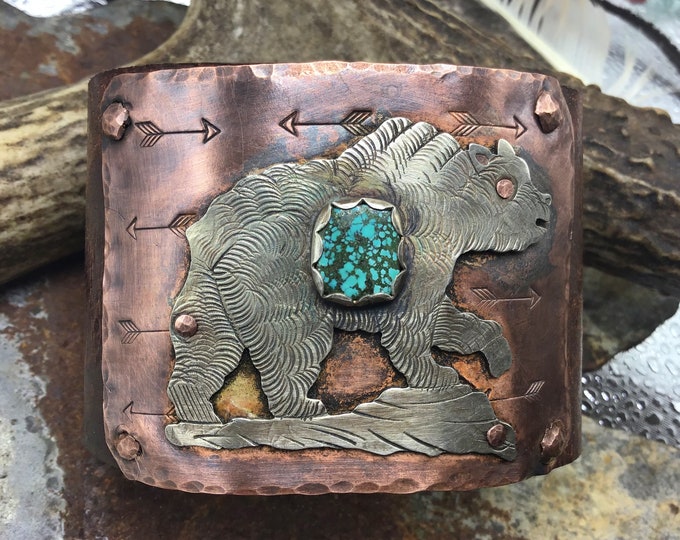 Grizzly bear walking distressed leather and turquoise cuff with real Indian head nickel snap closure by Weathered Soul jewelry,artisan,OOAK