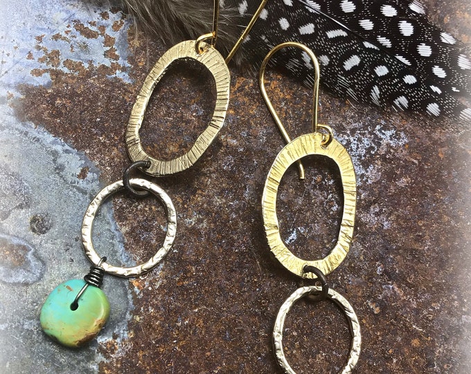 Bronze double hammered rustic hoops by Weathered Soul with a touch of genuine turquoise in sea foam green and brown tones bronze ear wires