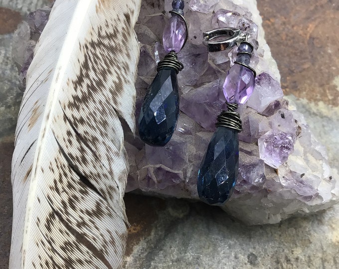 Long deep blue denim topaz with amethyst and labradorite huggie wired festive earrings by Weathered soul jewelry