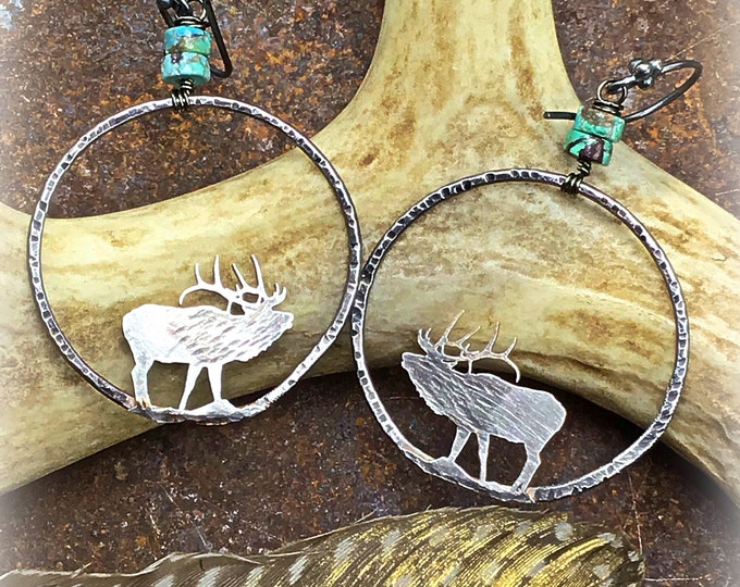 Bugling elk hoops, sterling and turquoise