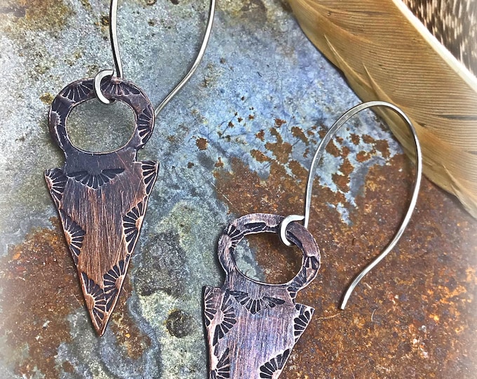 Rustic sweet arrow copper earrings by Weathered Soul, long silver ear wires