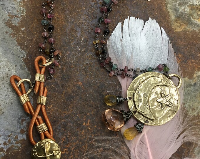 He made the moon to reflect the sun bronze pendant necklace with wire wrapped tourmaline chain and citrine with peach quartz drops, leather