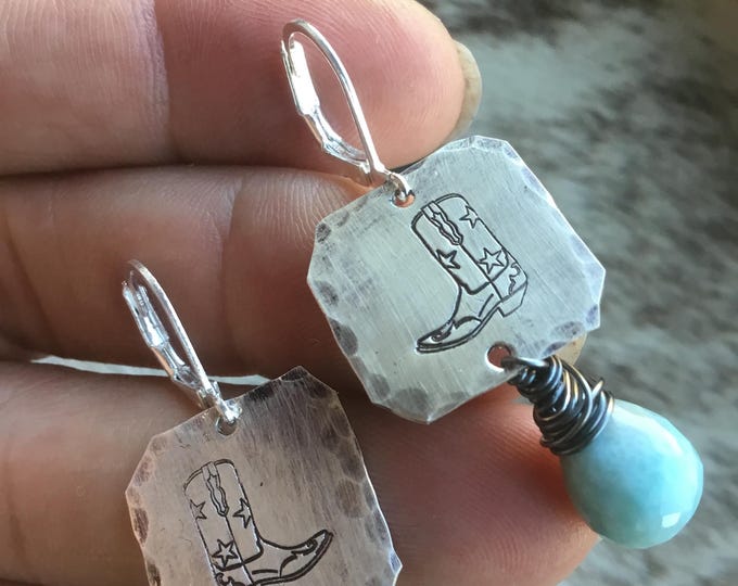 Bitty boots with Larimar teardrop dangles and French clips in sterling by Weathered Soul jewelry,western fashion,cowgirl,horse lover