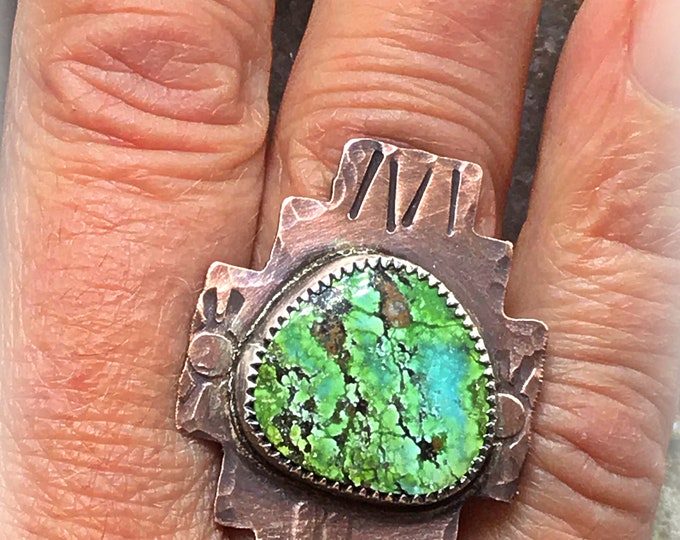 Aztec ring with stunning Blue Moon turquoise, copper and sterling cowgirl flavor, western chic