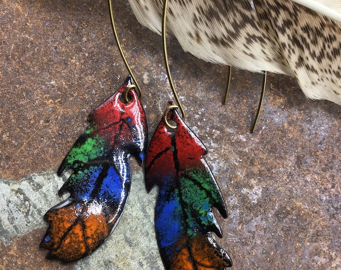Bright and cheerful hand painted enamel feather earrings by Weathered Soul, sweet and simple, long bronze ear wires