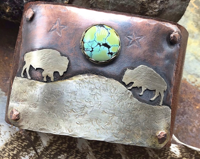 Made to order all turquoise varies Moonlight rendezvous leather and copper cuff bracelet , Bison, cowgirl, OOAK