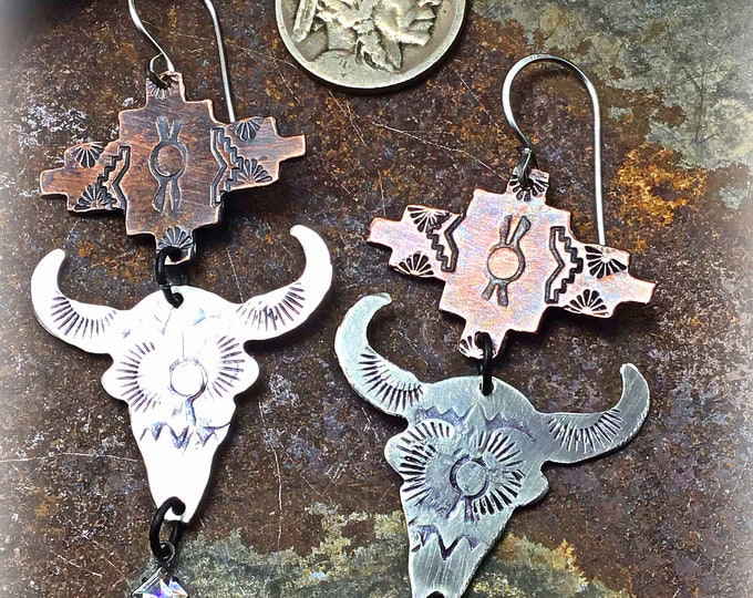 Aztec steer head skull earrings by Weathered soul, cowgirl mix of rustic copper and silver, western style fashion, silver ear wires