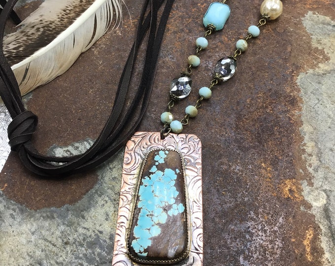 Vintage style rosary bead chain with leather and huge statement turquoise on what looks like tooled leather on copper, cowgirl fashion