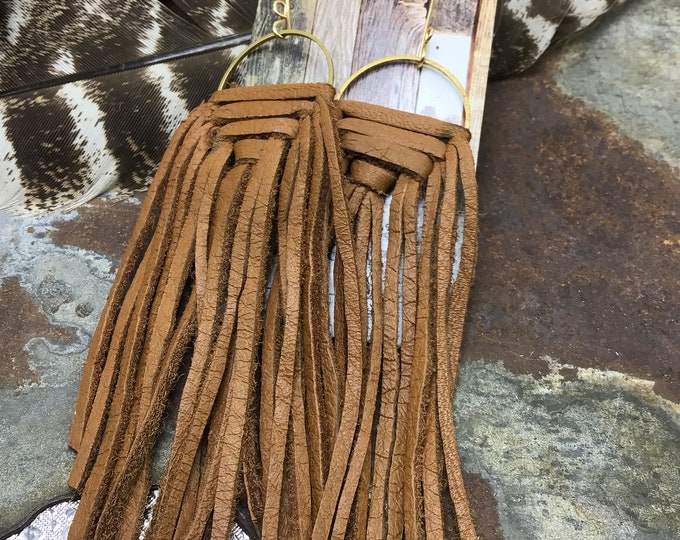 Boho  fringes, bowestern, cowgirl fashion, bronze  with leather, statement earrings,western style