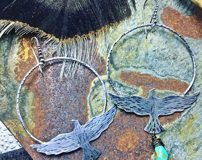 Flying free bird sterling very large 2” diameter hoop earrings by Weathered Soul with wire wrapped turquoise teardrop stones