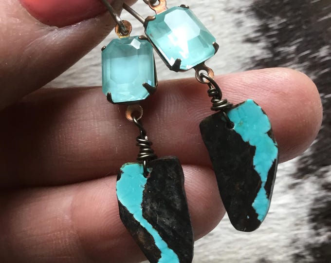Sweet dainty raw slab turquoise with blue vintage rhinestone with sterling ear wires by Weathered Soul jewelry.