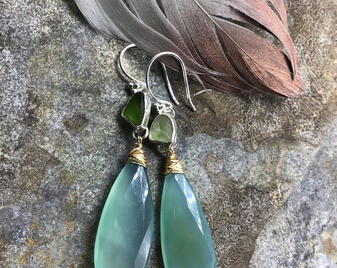 Very large teardrop stunning robins egg blue chalcedony with bezel set green toned sea glass in different tones wrapped in bronze sterling