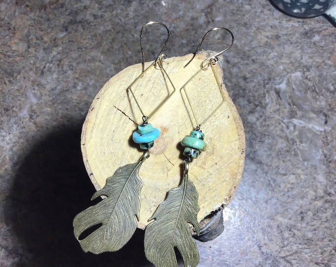 Long Gypsy boho feather bronze and turquoise earrings by Weathered Soul, cowgirl, free spirit