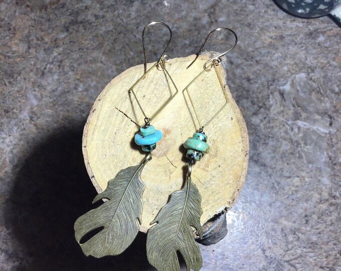 Long Gypsy boho feather bronze and turquoise earrings by Weathered Soul, cowgirl, free spirit