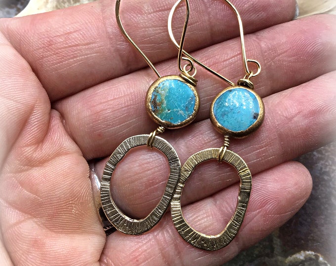 Bronze textured wide hoops with bronze wrapped genuine turquoise, very urban chic vibe, fun for everyday wear, weathered soul