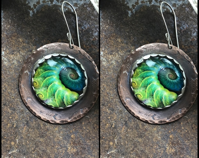 Glass cabachon peacock earrings by Weathered Soul, set in sterling on copper, bird lovers gift, unique gift idea