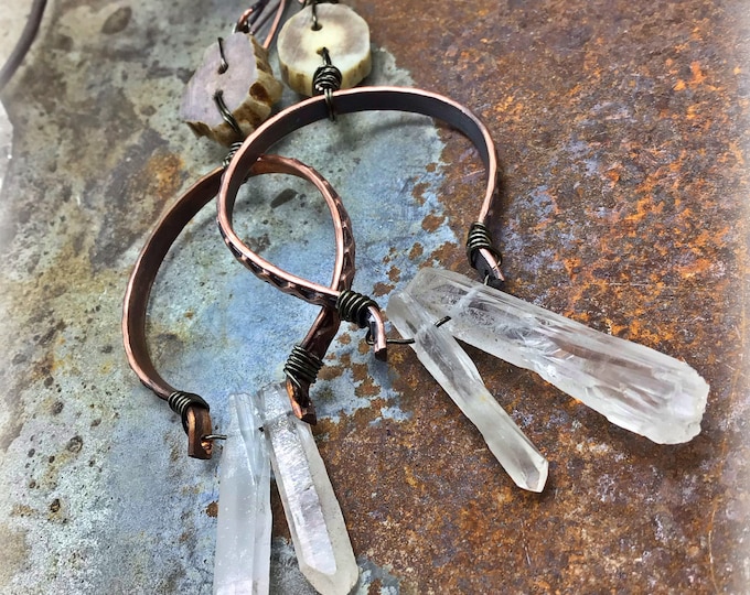 Rustic large gauge but not too heavy oxidized copper hoops with antler and raw quartz crystals, copper ear wires, rustic chic