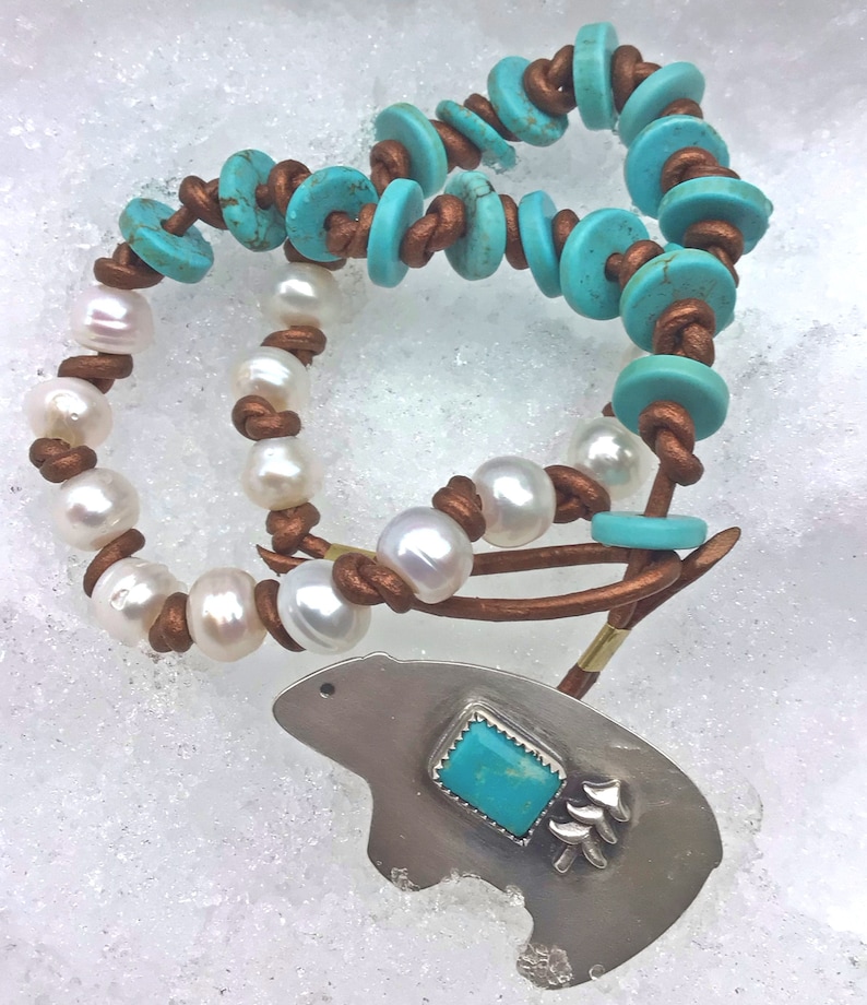 Native art inspired USA cowgirl chic button closure,artisan made pearls Zuni bear turquoise wrap bracelet or choker necklace,leather
