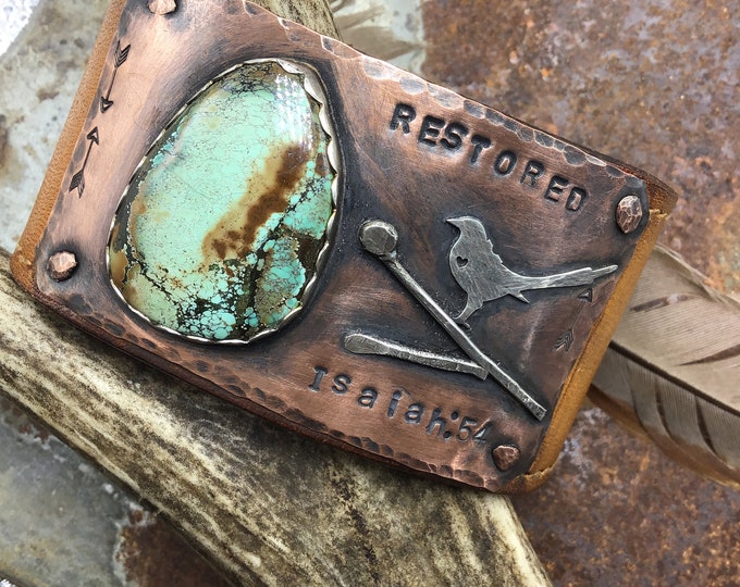 Made to order, Bird on a vine cuff with birds eye jasper or turquoise , this is am example of custom lettering, but this is sold and OOAK