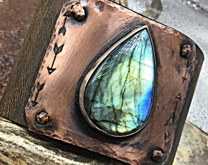 A little on the flashy side cuff by Weathered Soul, Wide 2" distressed leather cuff bracelet, super gorgeous Labradorite, urban chic