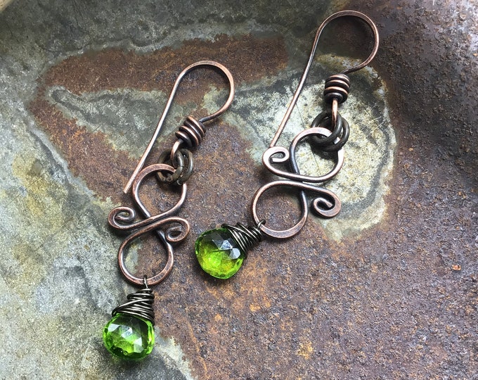 Sweet dainty little oxidized copper rustic swirl double hoops with bright green peridot drop stones wire wrapped at bottom