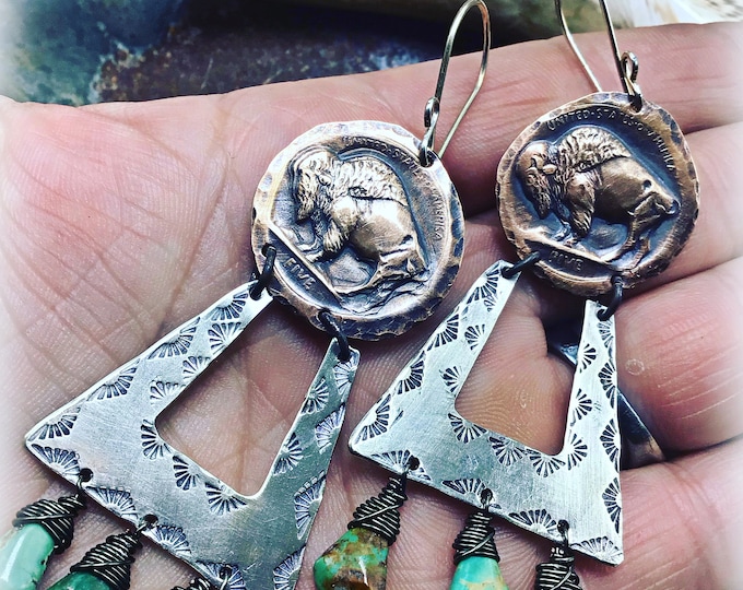 Buffalo wild earrings with a strong western flavor by Weathered Soul, made to order, silver and copper