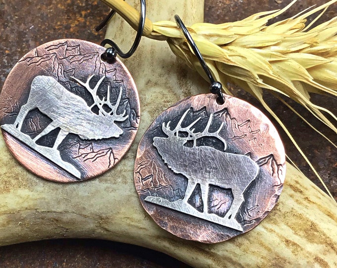 Bugling elk copper small earrings with sterling elk and sterling ear wires, nature inspired, wildlife earrings