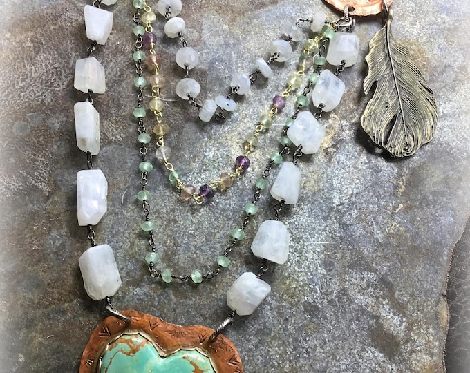 Featured listing image: Be still my heart gorgeous huge statement turquoise heart pendant necklace with moonstone,peridot,and tourmaline with soft elk leather