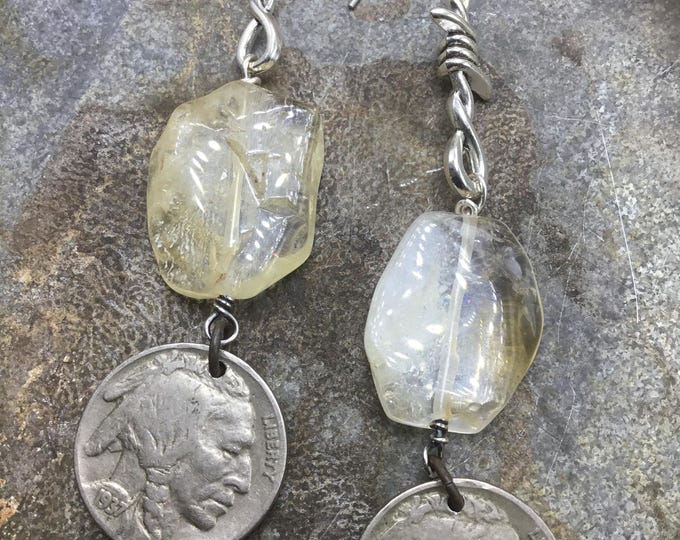 Buffalo nickel with raw citrine and barbed wire earrings by Weathered Soul. Authentic 1937 antique nickels, long shoulder dusters,western