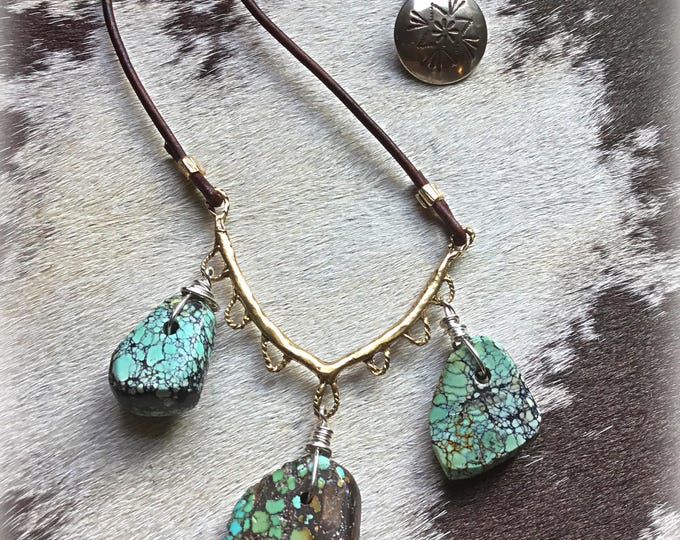 Rock on necklace by Weathered Soul jewelry,raw turquoise rocks dropping from bronze and leather with tiny concho button closure, cowgirl